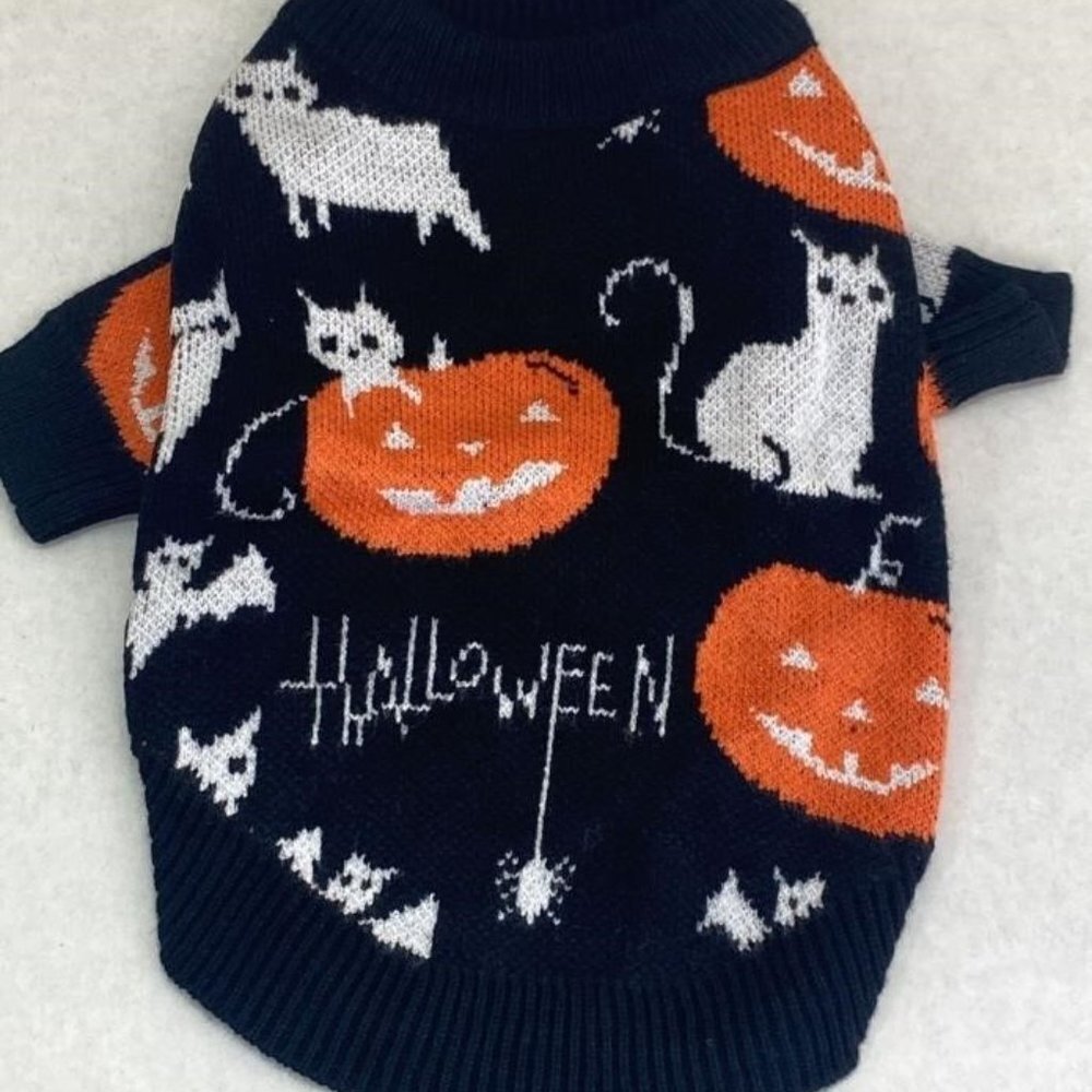 Black & Orange Pumpkin White Cat Halloween Dog Sweater Costumes Medium & Large
